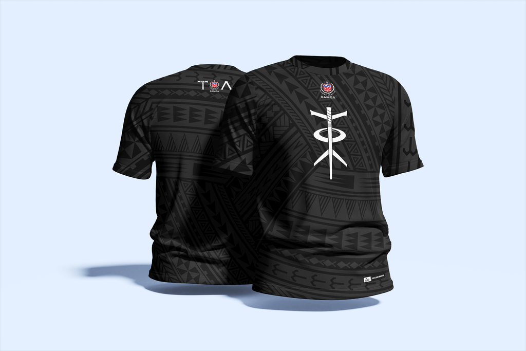 Black sports jersey with white designs on a light blue background