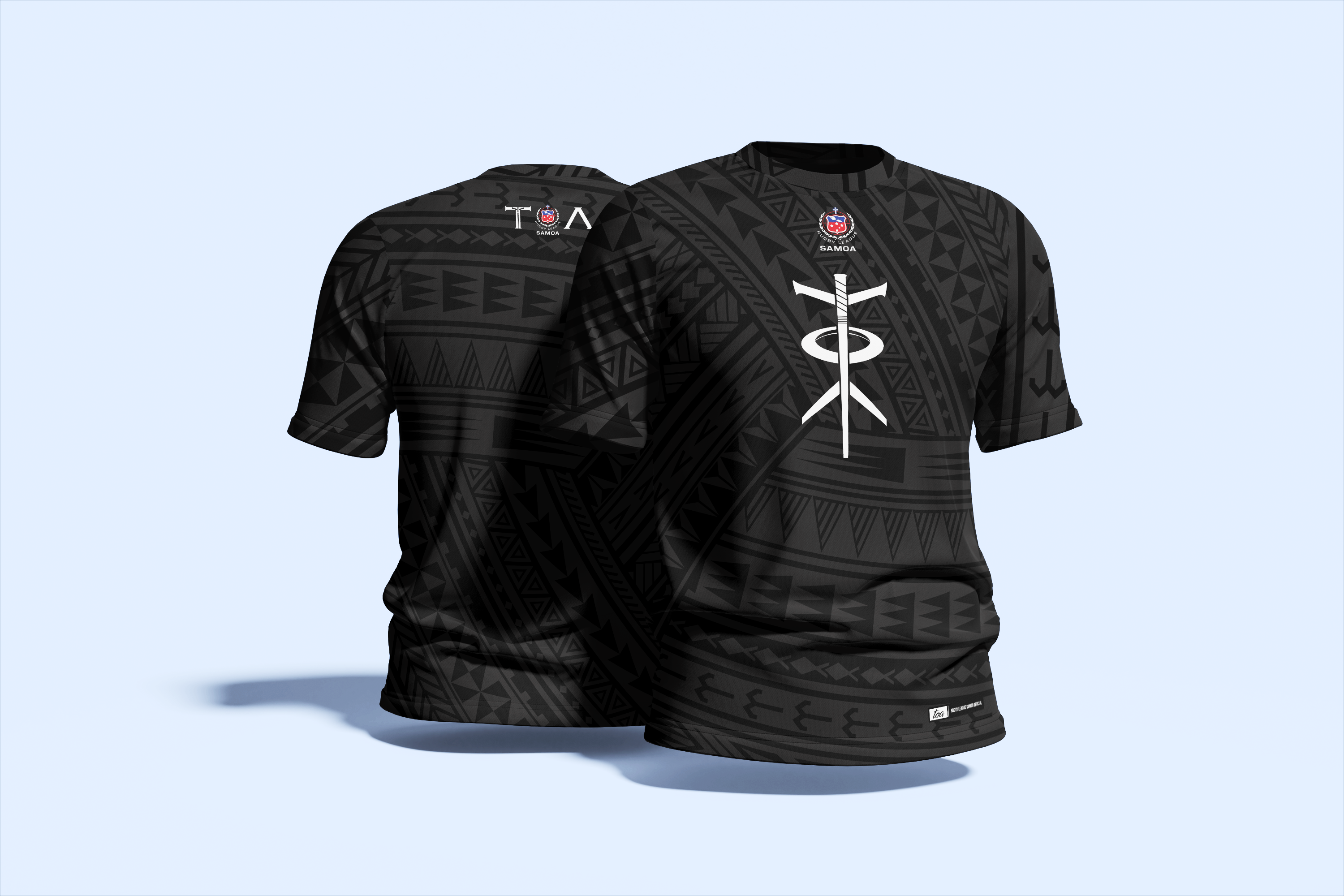 Black sports jersey with white designs on a light blue background