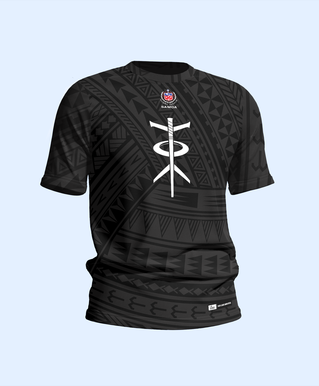 Black t-shirt with white symbol and brand logo on a light blue background