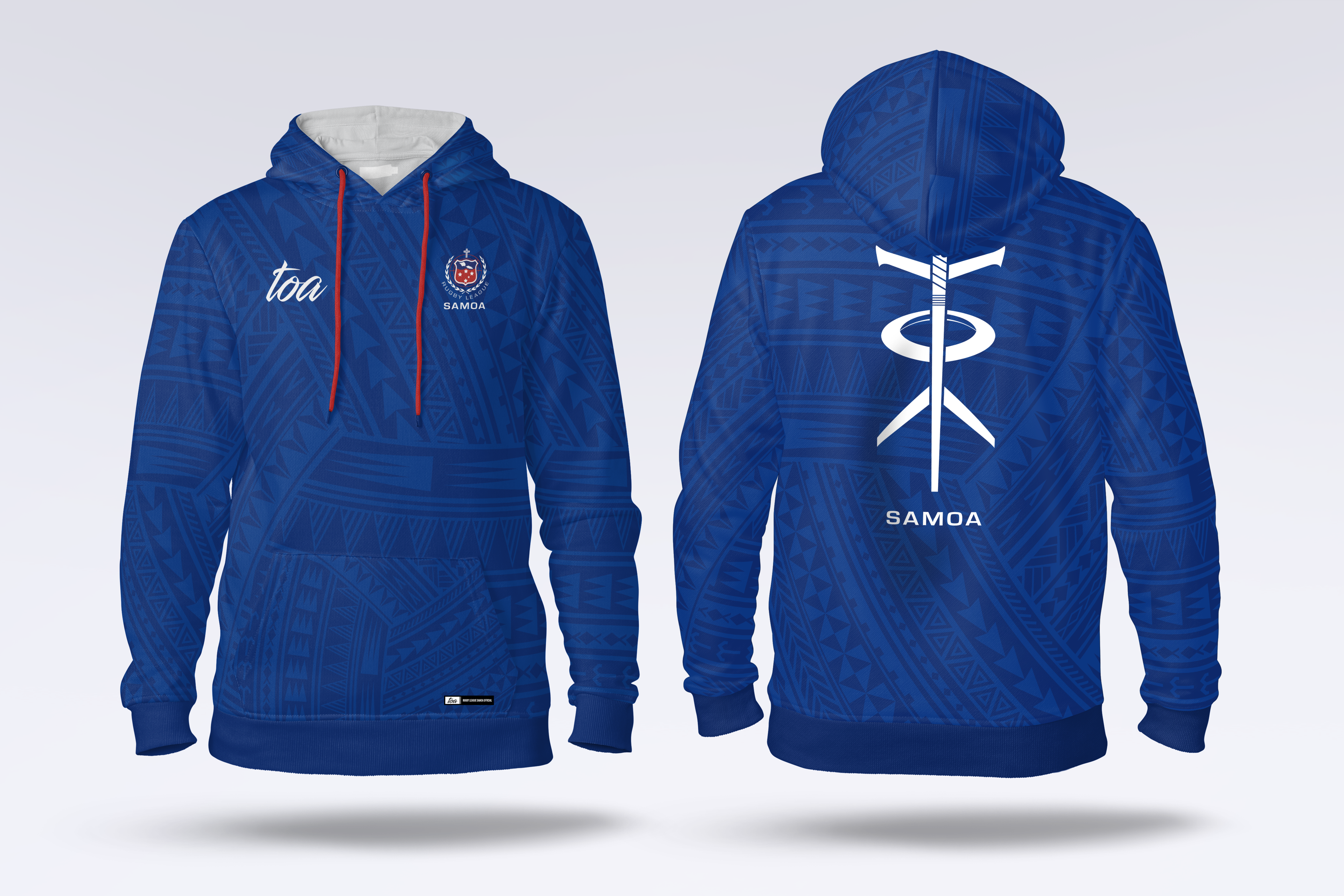 Blue hoodie with 'toa Samoa' branding on a white background