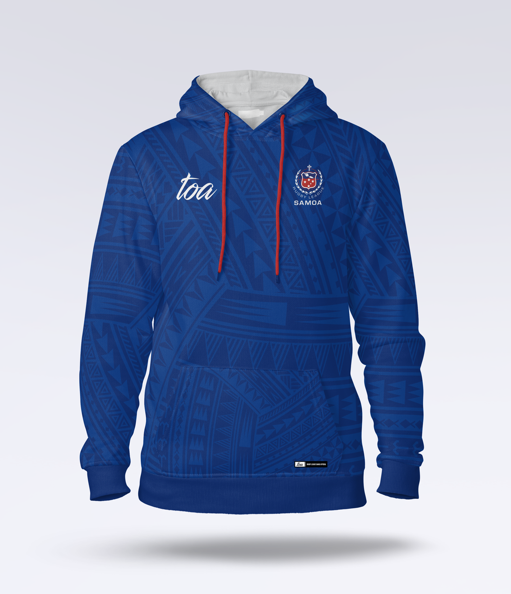 Blue hoodie with red drawstrings on a white background