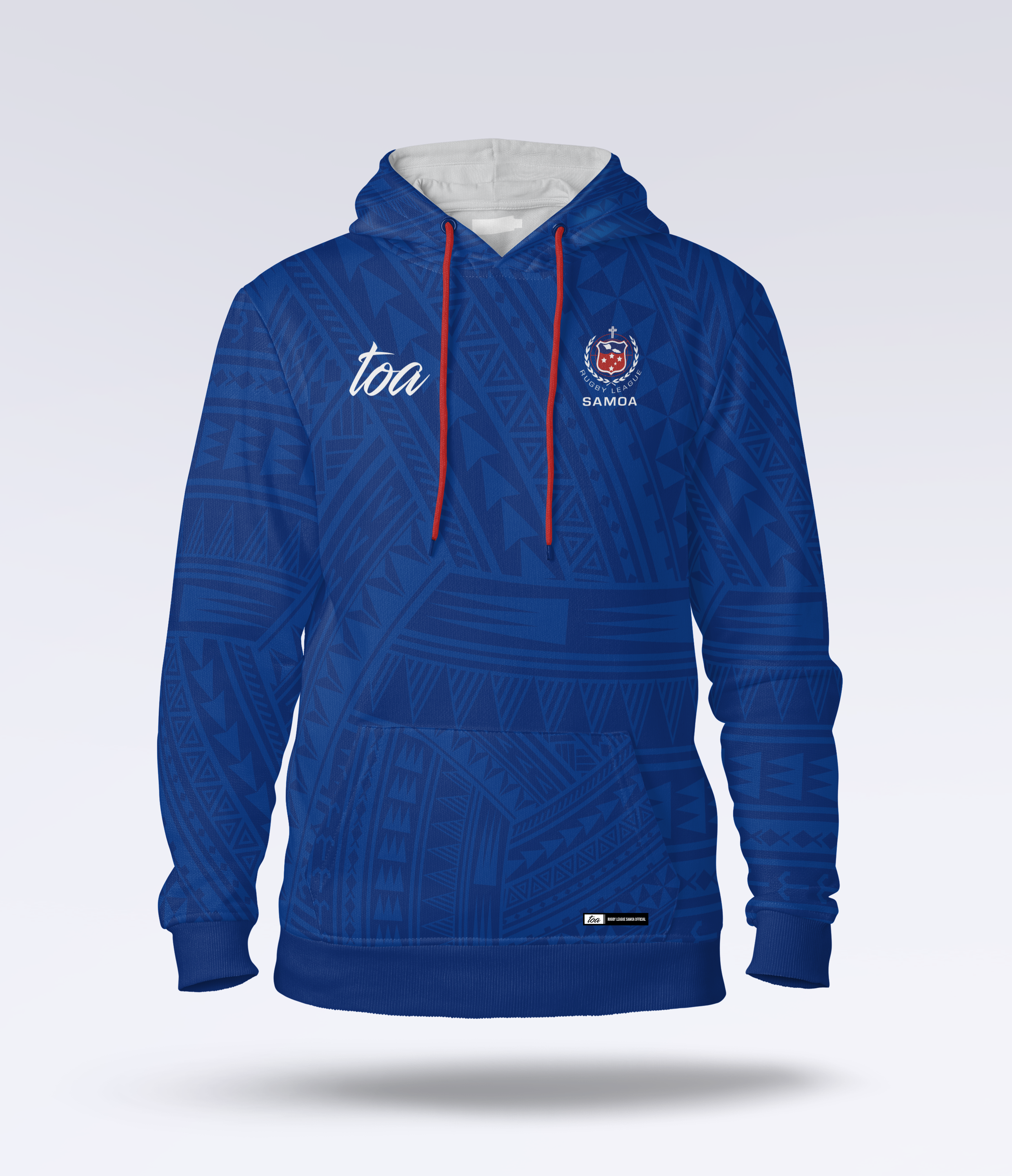 Blue hoodie with red drawstrings on a white background