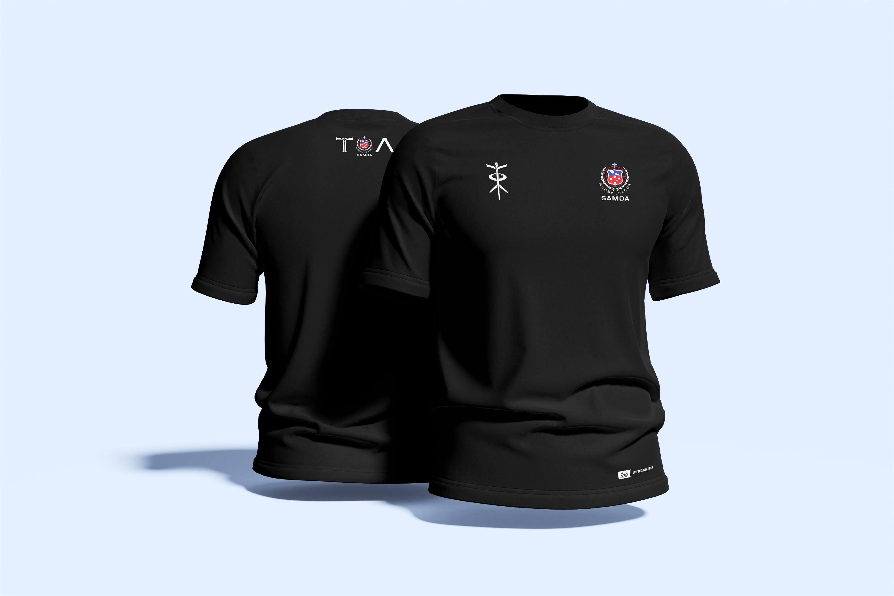 Black t-shirt with logos on the front and back against a light blue background