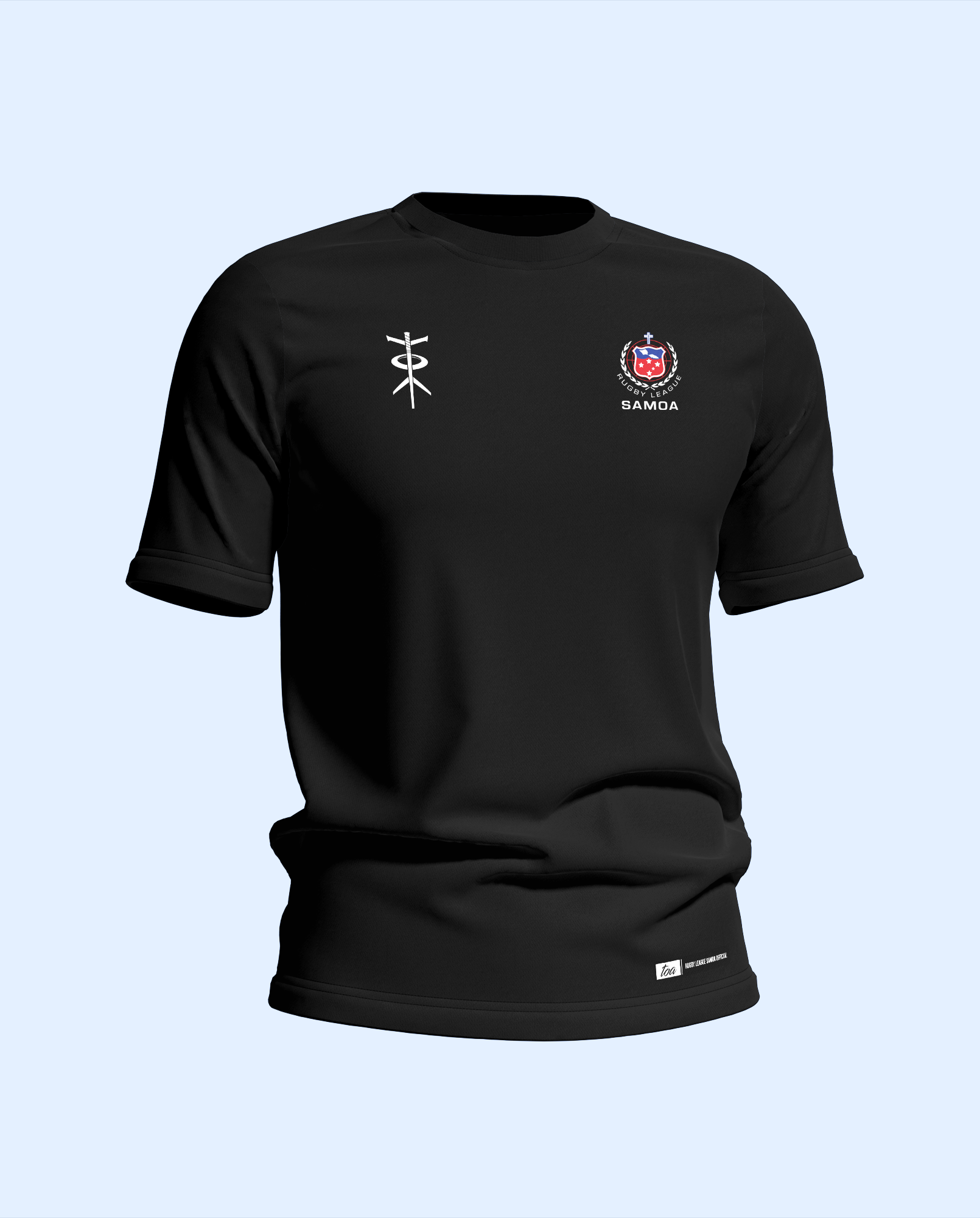 Black t-shirt with logos on a light blue background