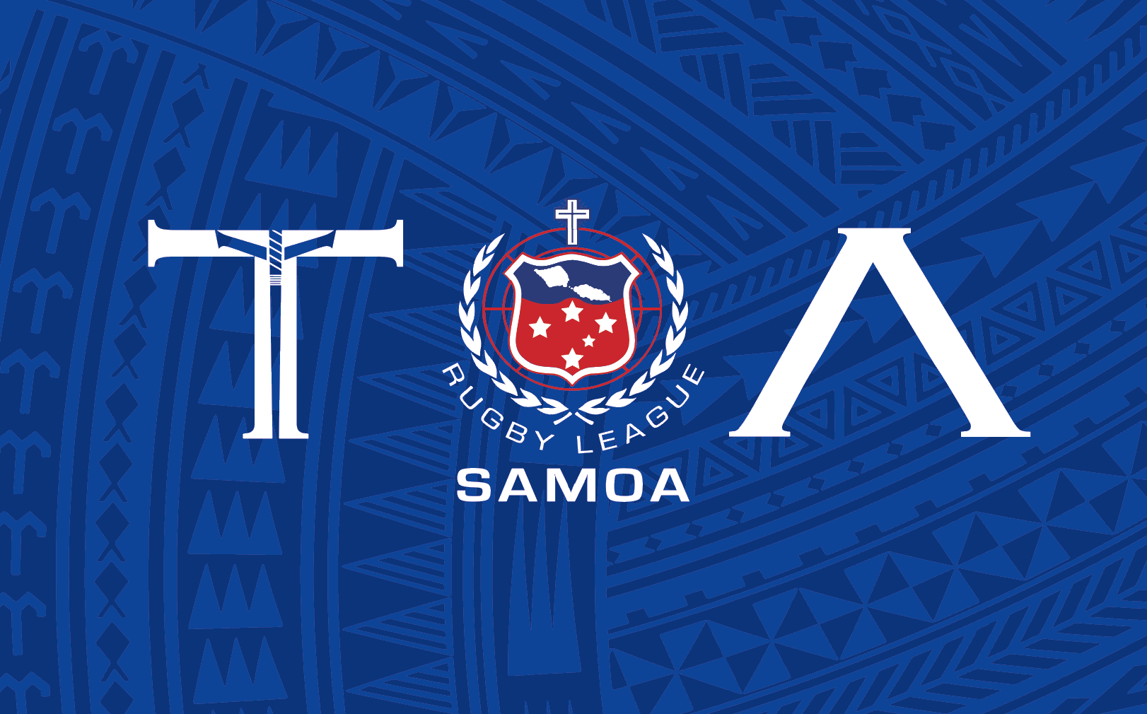 Rugby League Samoa logo on a blue background with traditional patterns