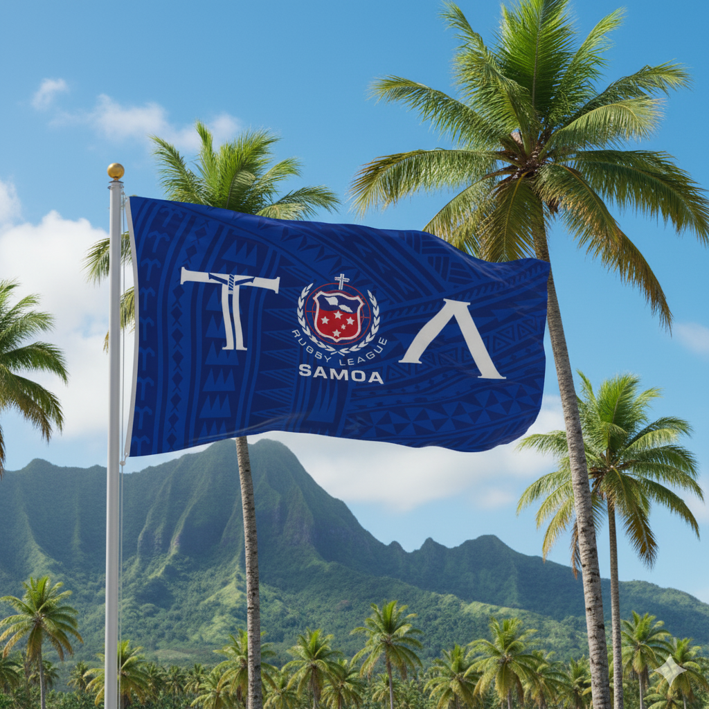 Blue flag with a logo and text in front of palm trees and mountains