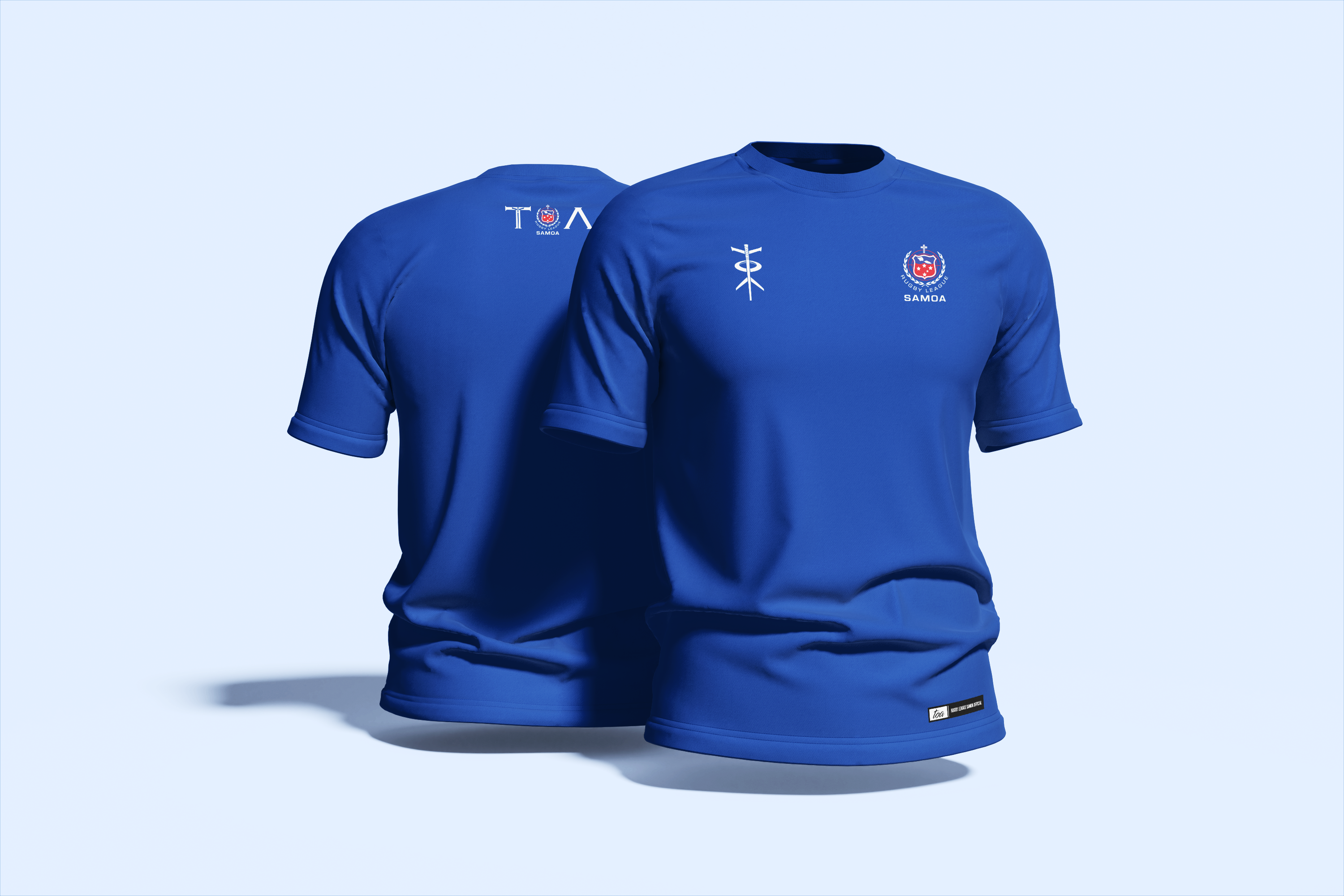 Blue t-shirt with logos on the front and back against a light blue background